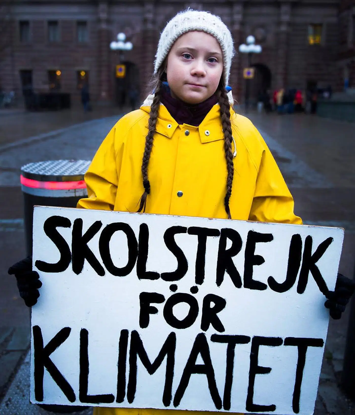 Greta Thunberg ved en af sine mange klimastrjeker foran det svenske paralament.