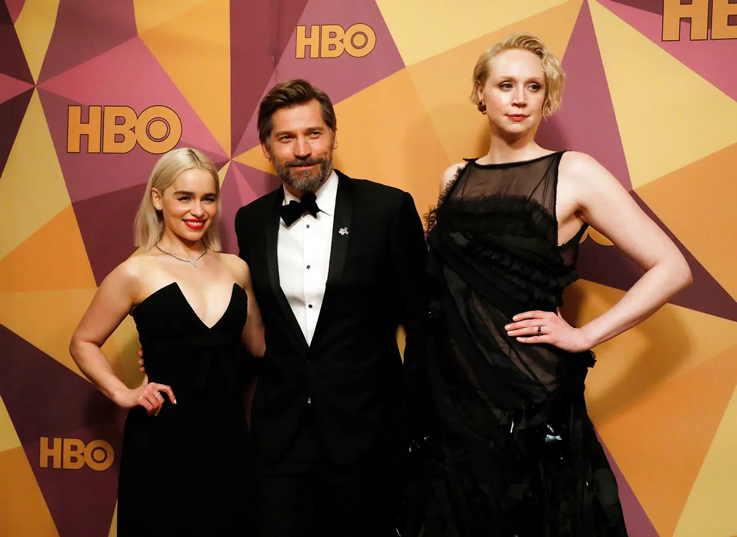 Nikolaj Coster-Waldau med 'Game of Thrones'-kollegaerne Emilia Clarke og Gwendoline Christie.