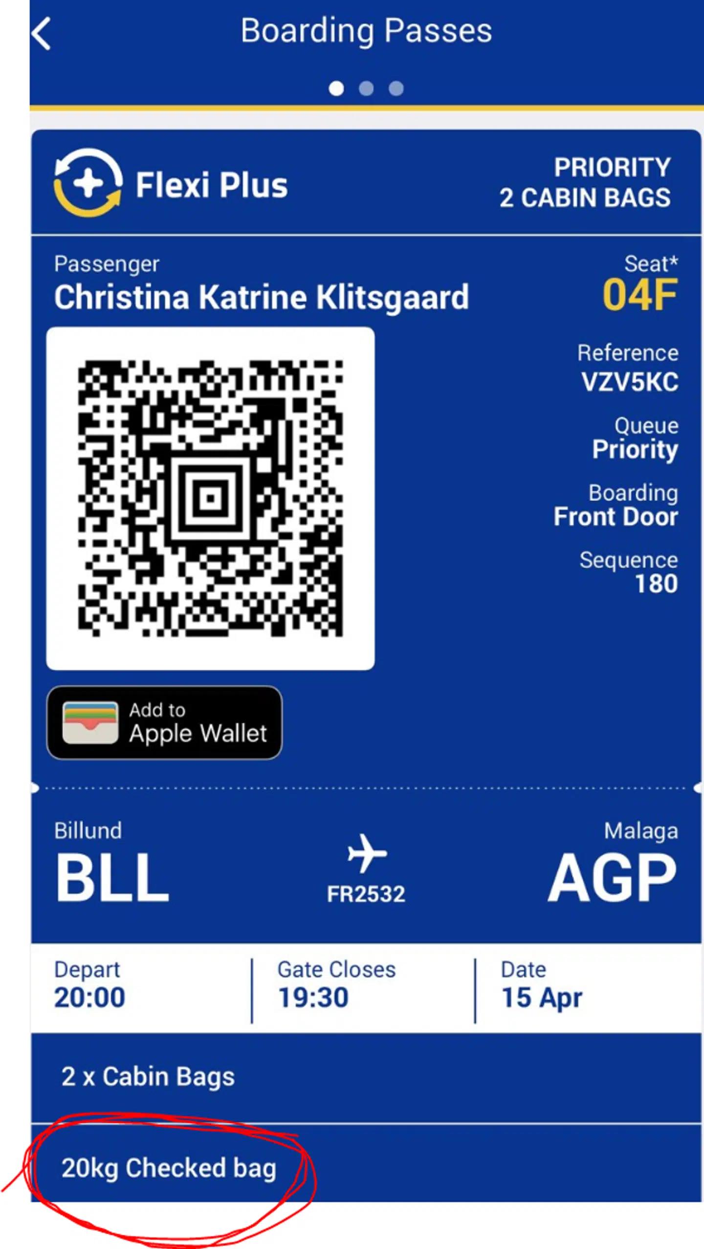 Der stod 29 kg bagage på Christinas boarding pass.