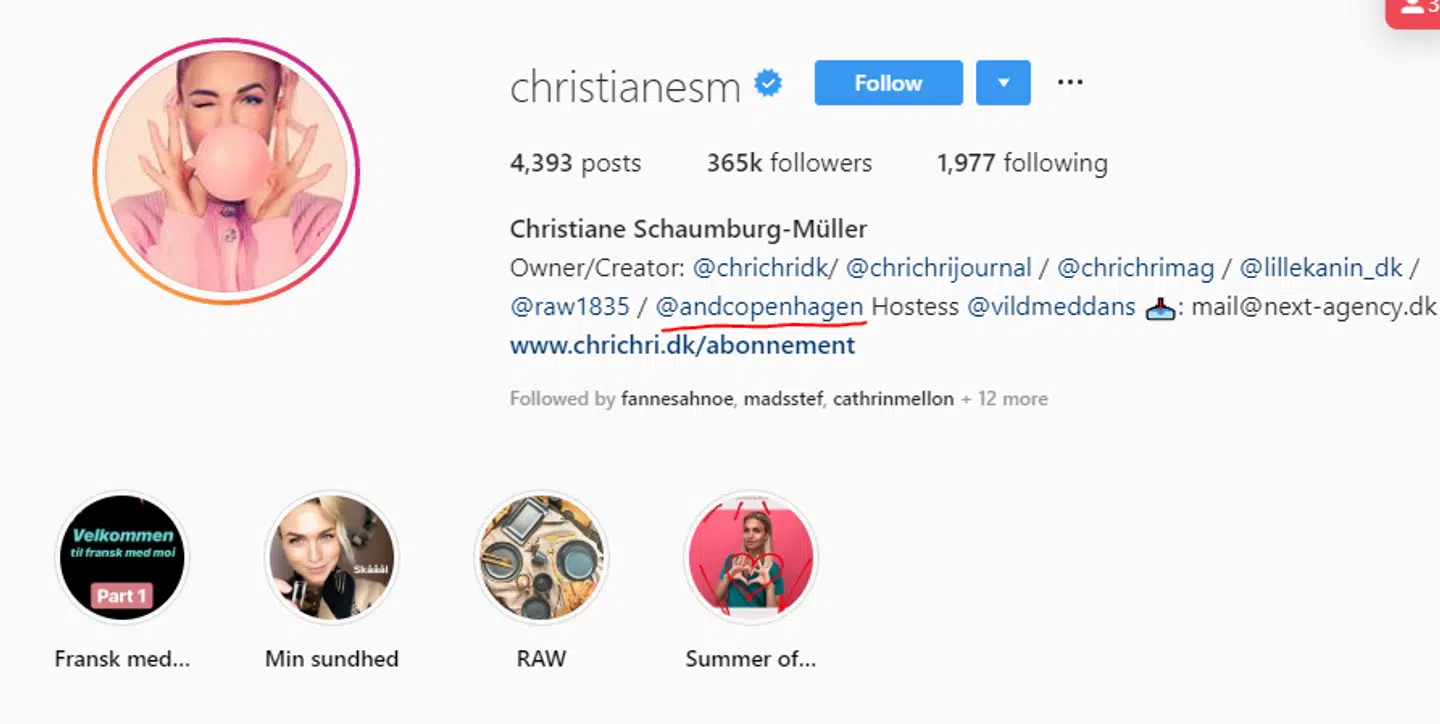 Den 7. maj stod Andcopenhagen på Christiane Schaumburg-Müllers Instagram-profil. Så tog B.T. kontakt. Dagen efter var Andcopenhagen slettet.