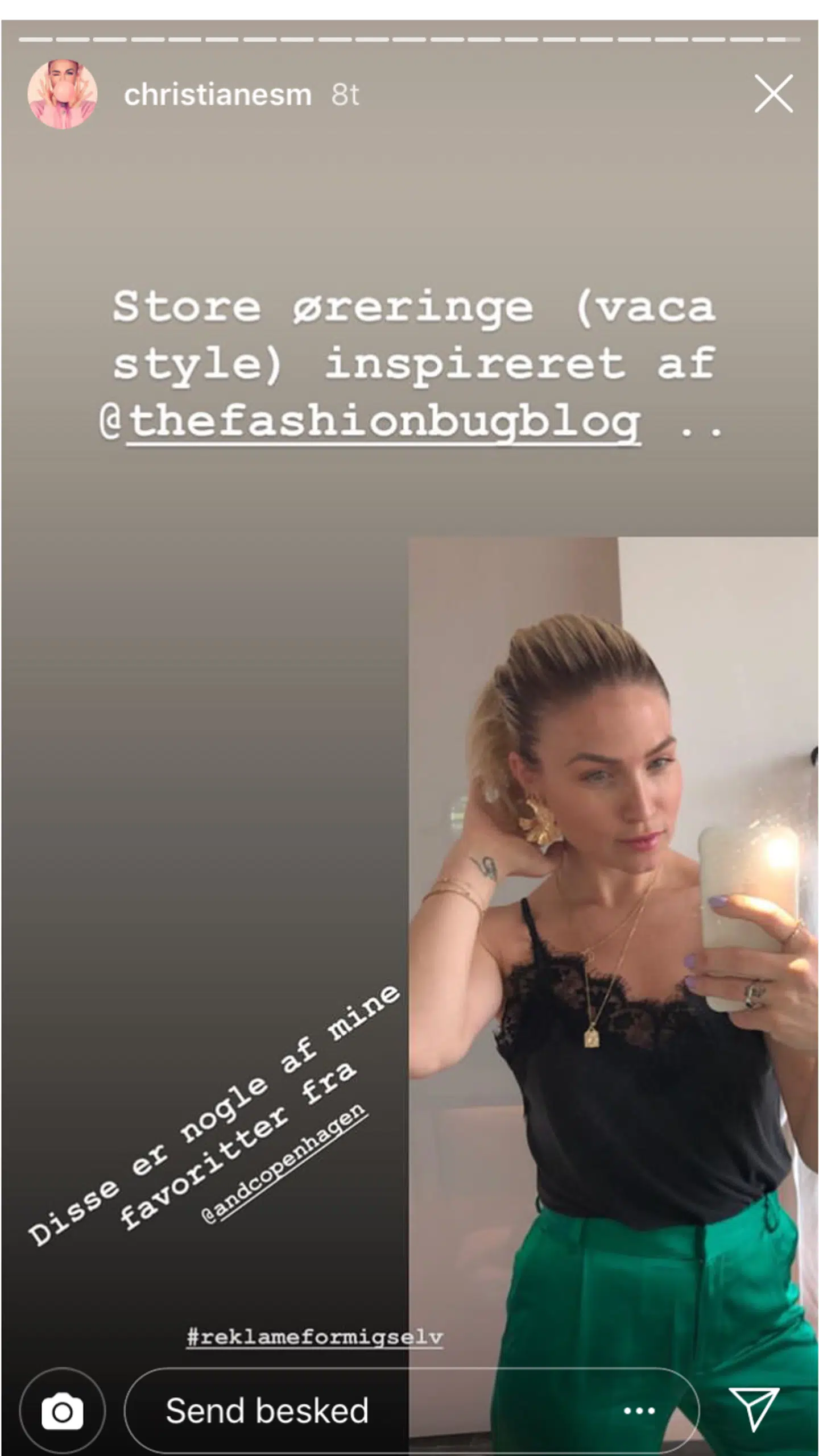 Christiane Schaumburg-Müller reklamerer for Andcopenhagen i en Insta-story.