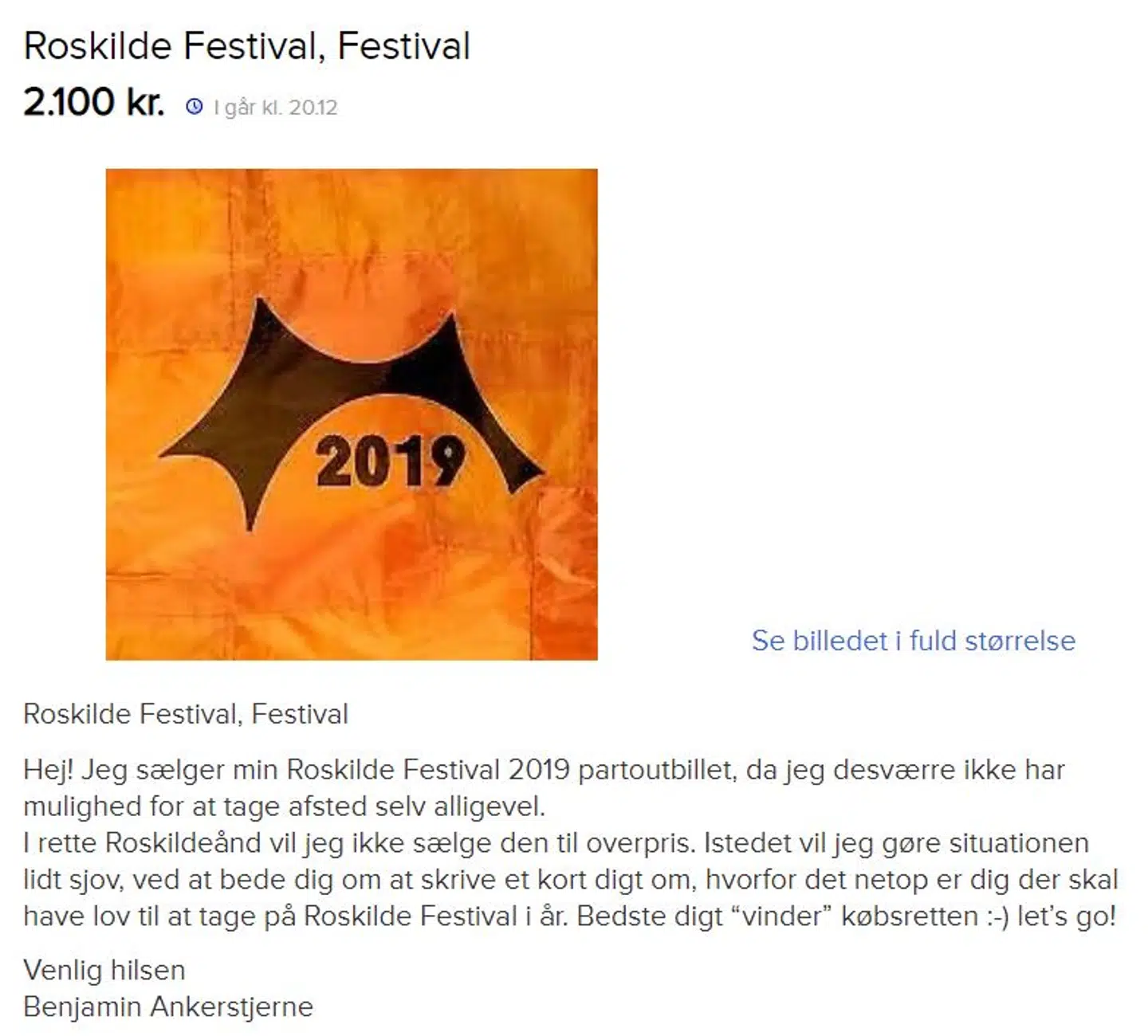 Annoncen Benjamin Ankerstjerne lagde på Den blå avis tirsdag.
