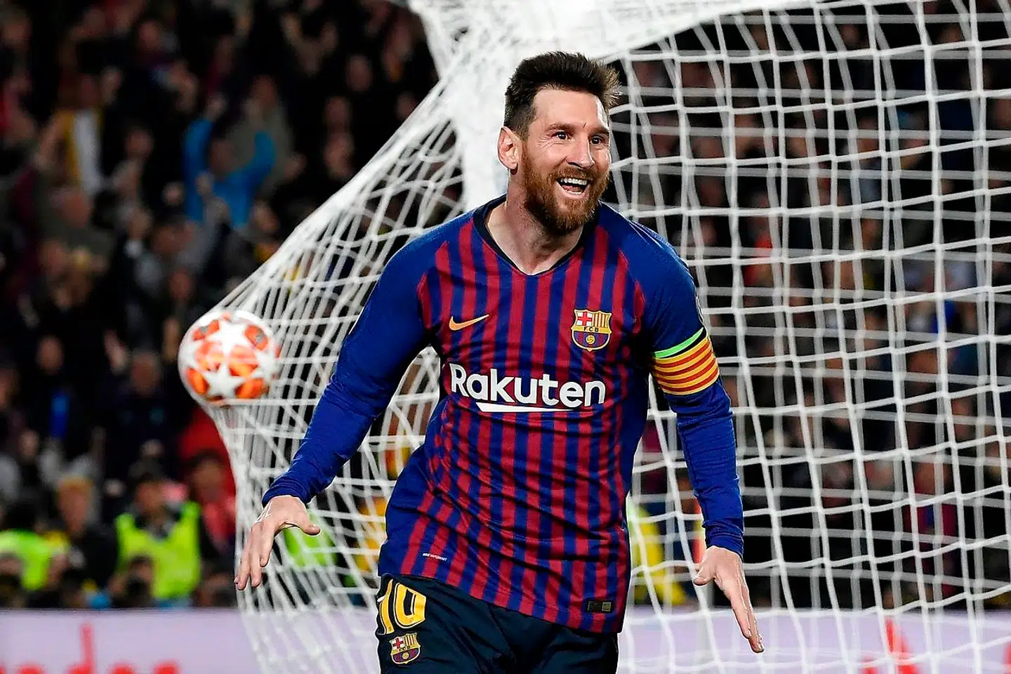 Barcelona's Argentinian forward Lionel Messi celebrates after scoring a goal during the UEFA Champions League semi-final first leg football match between Barcelona and Liverpool at the Camp Nou Stadium in Barcelona on May 1, 2019. (Photo by LLUIS GENE / AFP)