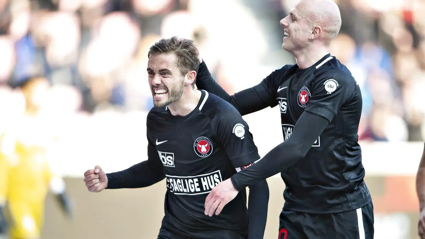 FC Midtjyllands Jakob Poulsen har scoret til 1-0 på straffespark i Superligakampen FC Midtjylland mod OB på MCH-Arena i Herning, 14. april 2019.. (Foto: Henning Bagger/Ritzau Scanpix)