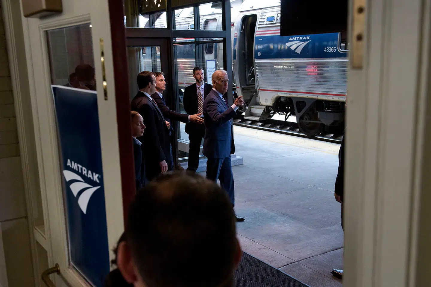 US Vice President Joe Biden swalks past a train while leaving after speaking about infrastructure at Amtrak's Joseph R. Biden, Jr., Railroad Station onAugust 26, 2016 in Wilmington, Delaware. Amtrak on Friday awarded a $1.8 billion deal to French manufacturer Alstom to supply new trains for its key Acela service between Washington, New York and Boston. The landmark deal for 28 new passenger trains will boost Amtrak's speed and capacity along its most heavily used and profitable route from 2021. . Brendan Smialowski / AFP