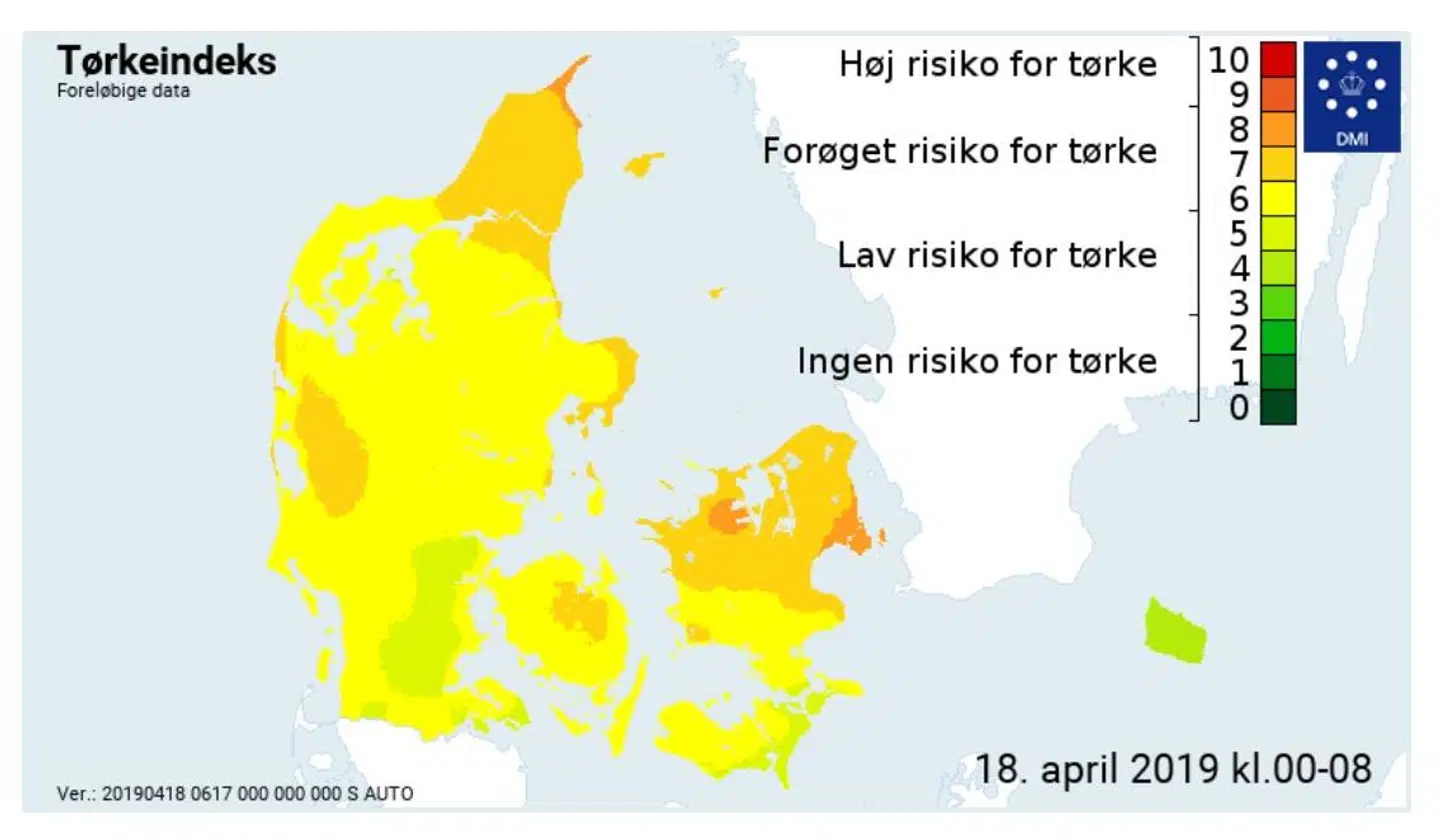 På grafikken kan man se, at den nordlige del af Jylland og Sjælland er røde og er dermed i høj risiko for tørke. Foto: DMI