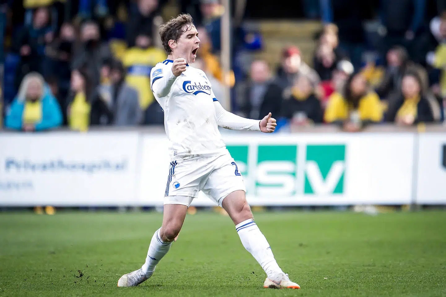 FC Københavns Robert Skov jubler efter scoring til 1-1 under Superligakampen mellem Brøndby IF og FC København på Brøndby Stadion i Brøndby, søndag den 14. april 2019.. (Foto: Mads Claus Rasmussen/Ritzau Scanpix)
