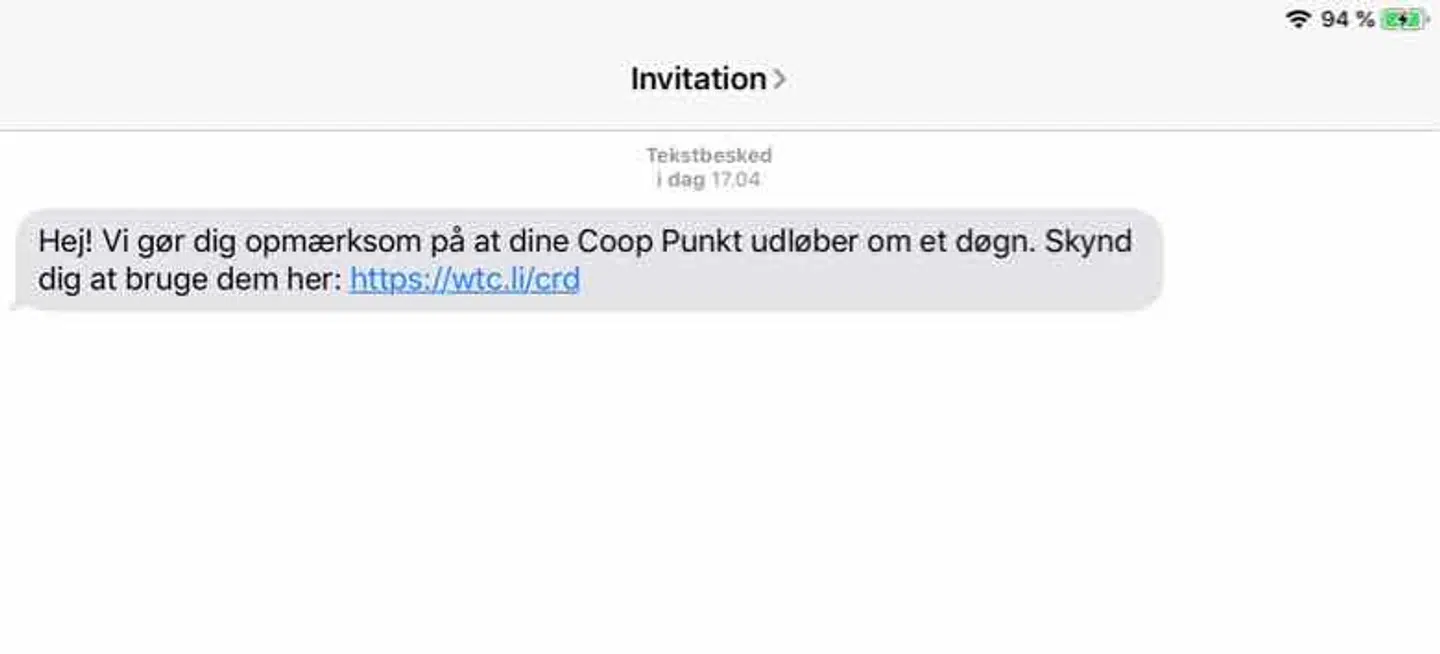 Eksempel på en falsk besked fra 'Coop'.