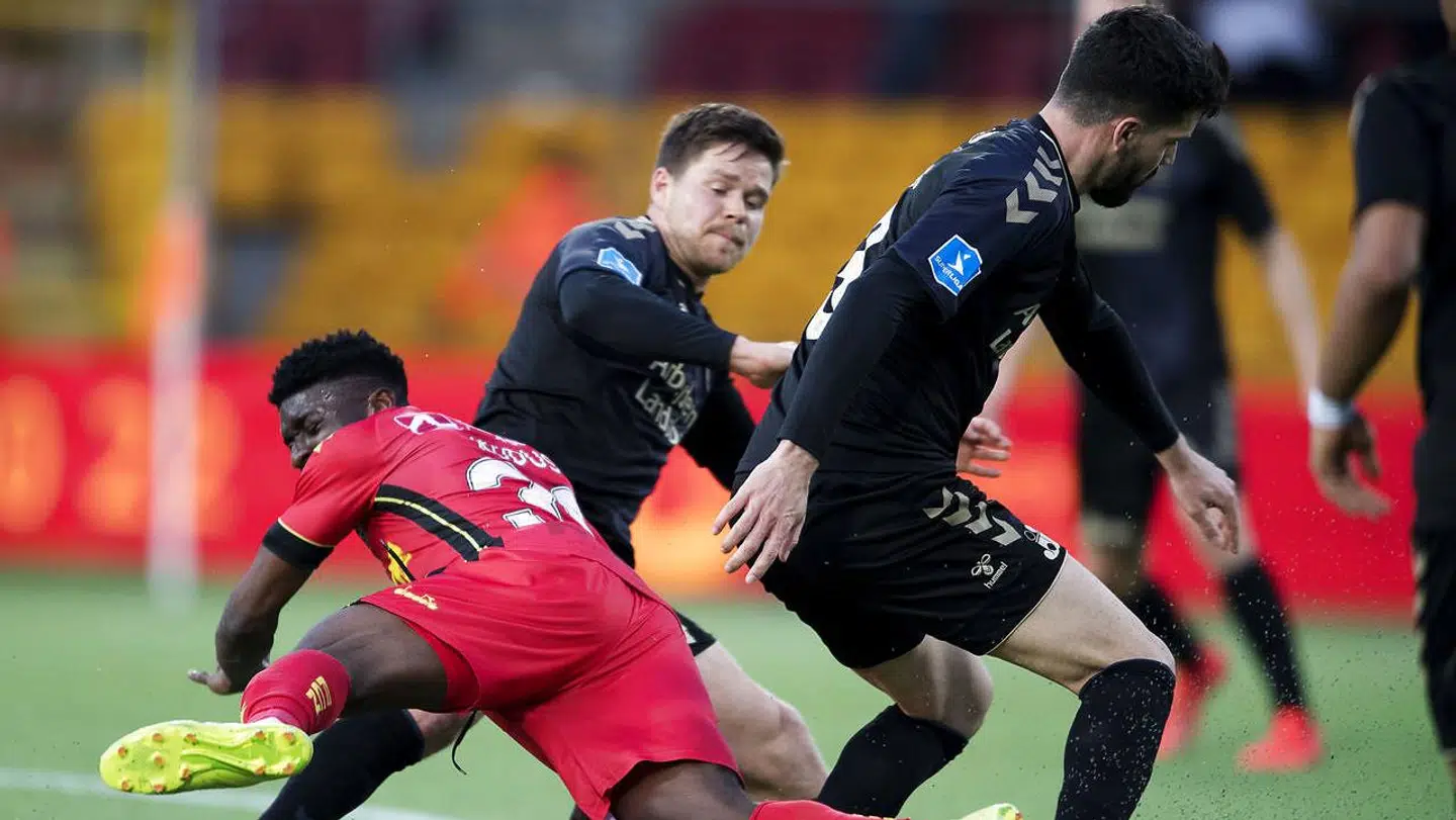 Mohammad Kudus, Dominik Kaiser og Anthony Jung under Superligakampen mellem FC Nordsjælland - Brøndby i Right to Dream Park, mandag den 8. april 2019