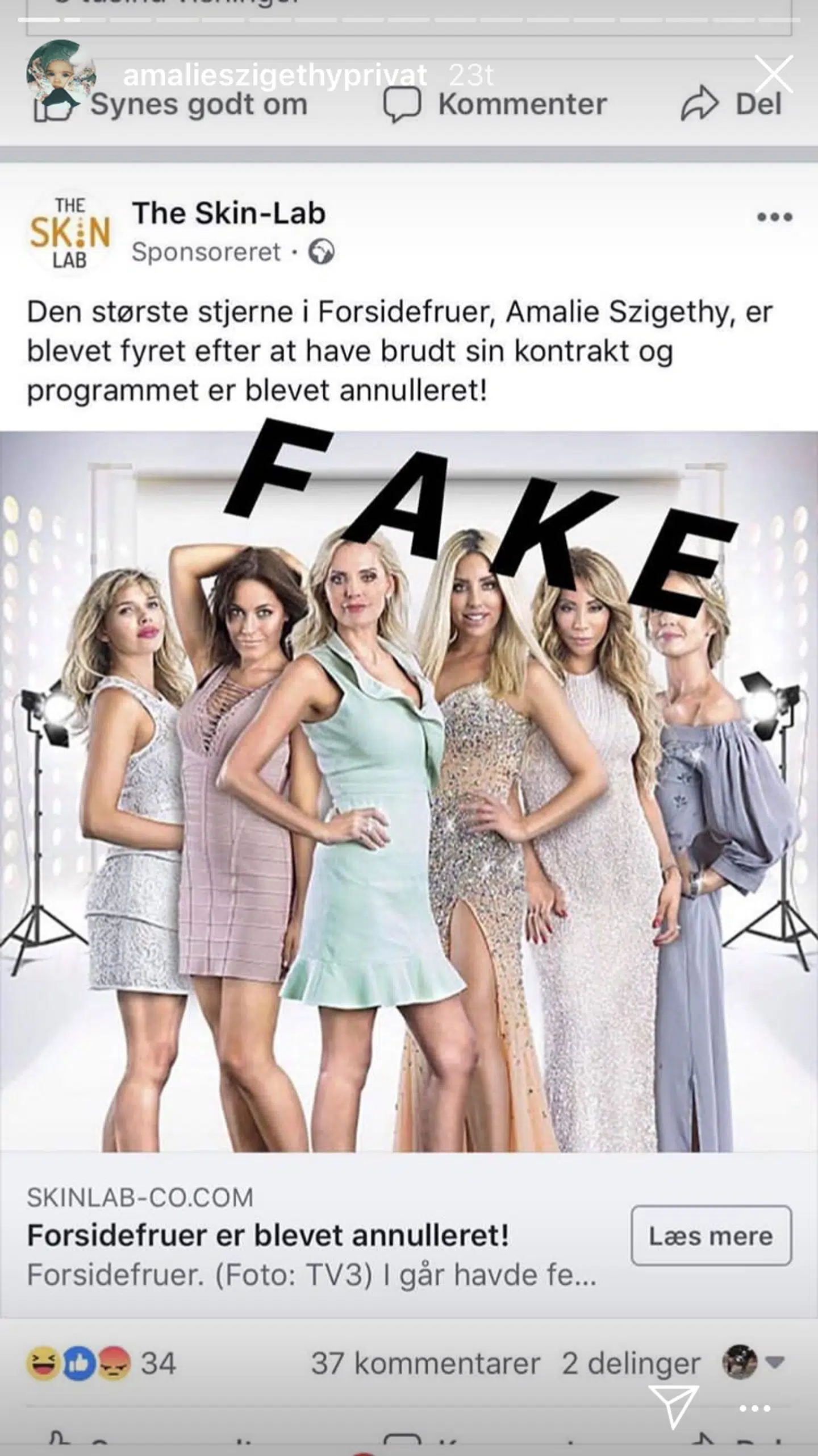 Opslaget Amalie Szigethy selv har delt med sine følgere for at advare om den falske artikel.