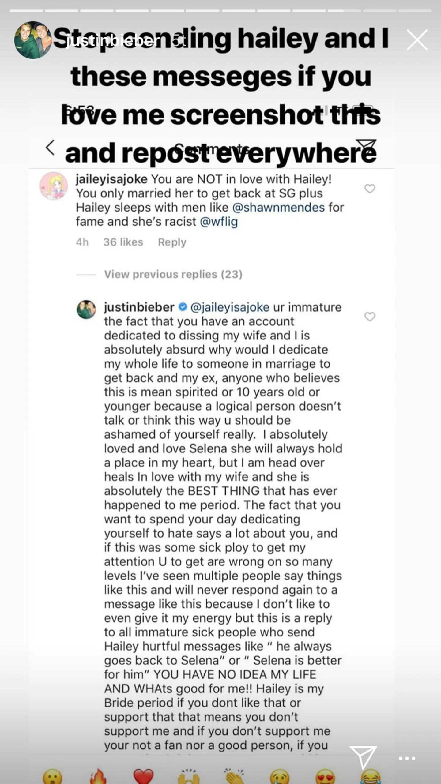 Justin Bieber har på sin Instagram delt en meddelelse om, at fans skal stoppe med at sende hadefulde beskeder.