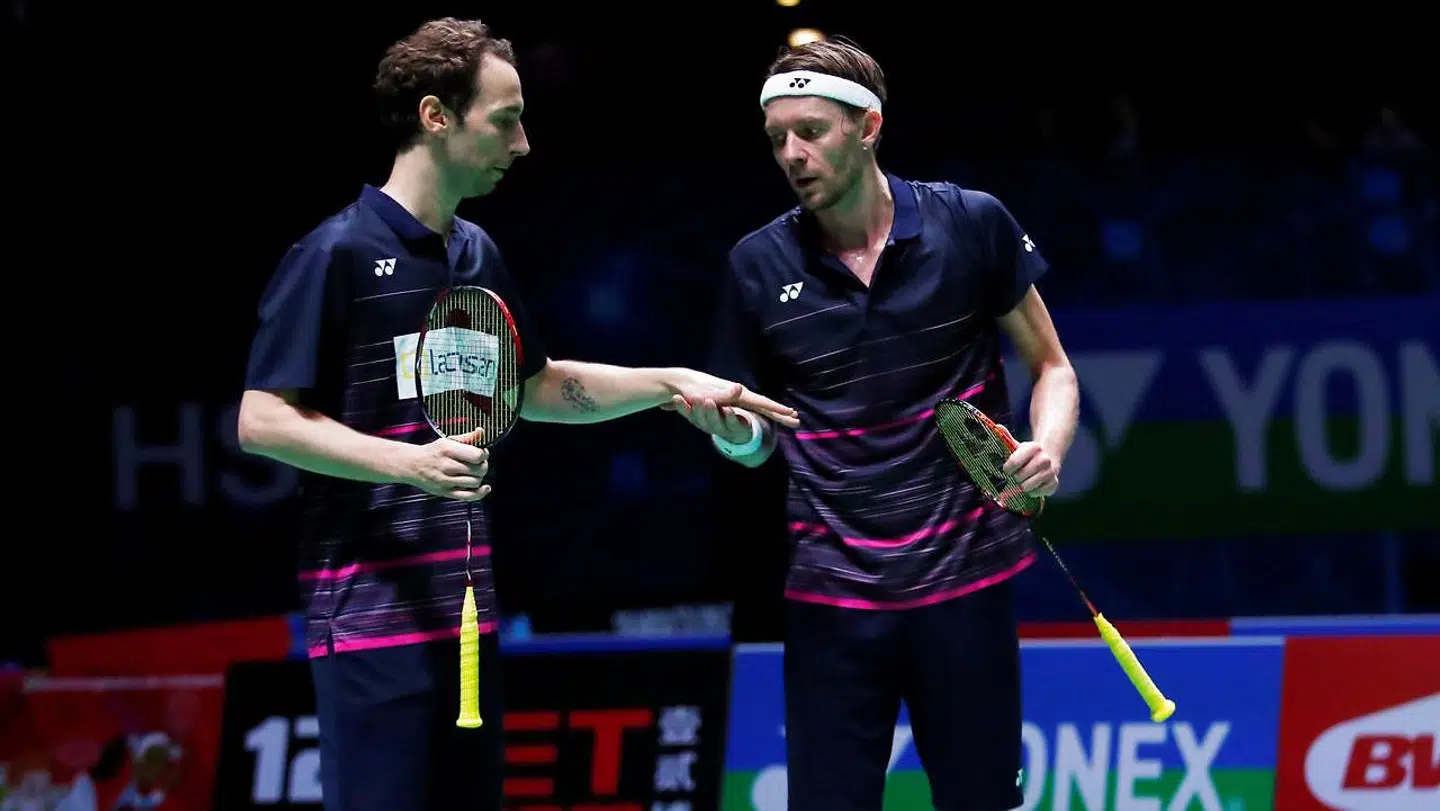 Mathias Boe (tv.) og Carsten Mogensen (th.) under årets All England.