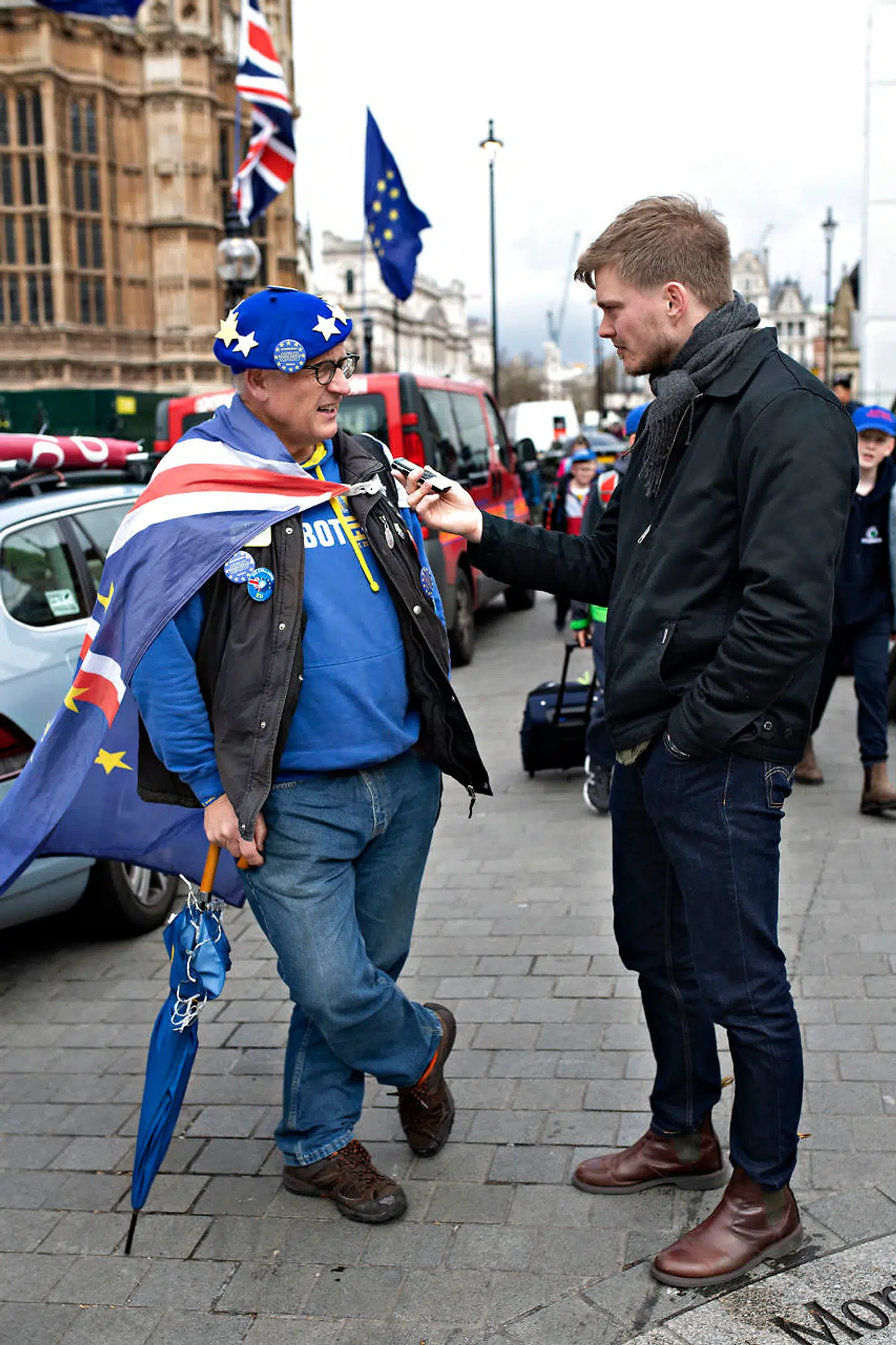 B.T. var i sidste uge til stede foran Westminster Palace, da den vigtige afstemning om udskydelse af brexit fandt sted. London torsdag den 14. marts 2019.