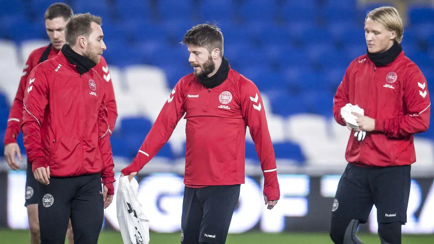 Christian Eriksen, Lasse Schøne og Kasper Dolberg under en landsholdstræning sidste år.