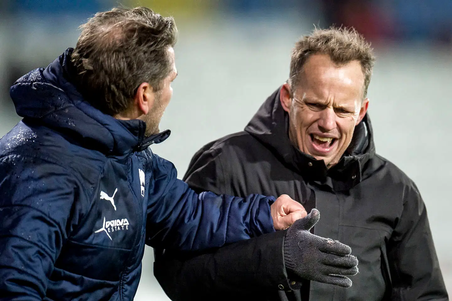 OBs cheftræner Jakob Michelsen og Randers FCs cheftræner Thomas Thomasberg i bataljer efter slutfløjt i Superligakampen mellem OB og Randers FC på Nature Energy Park i Odense, søndag den 17. marts 2019.