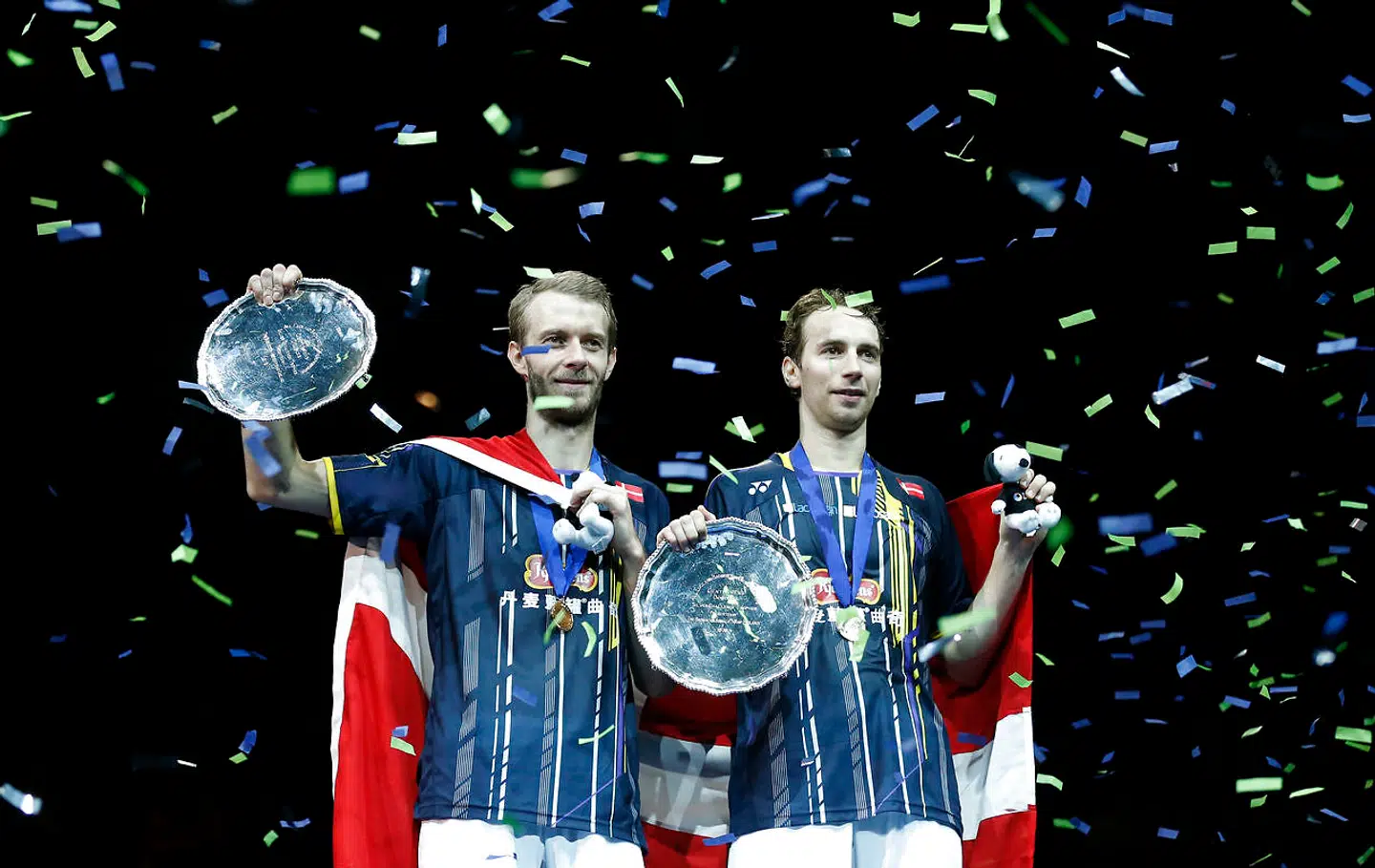 Carsten Mogensen, til venstre, og Mathias Boe vandt herredoublefinalen ved All England i 2015.