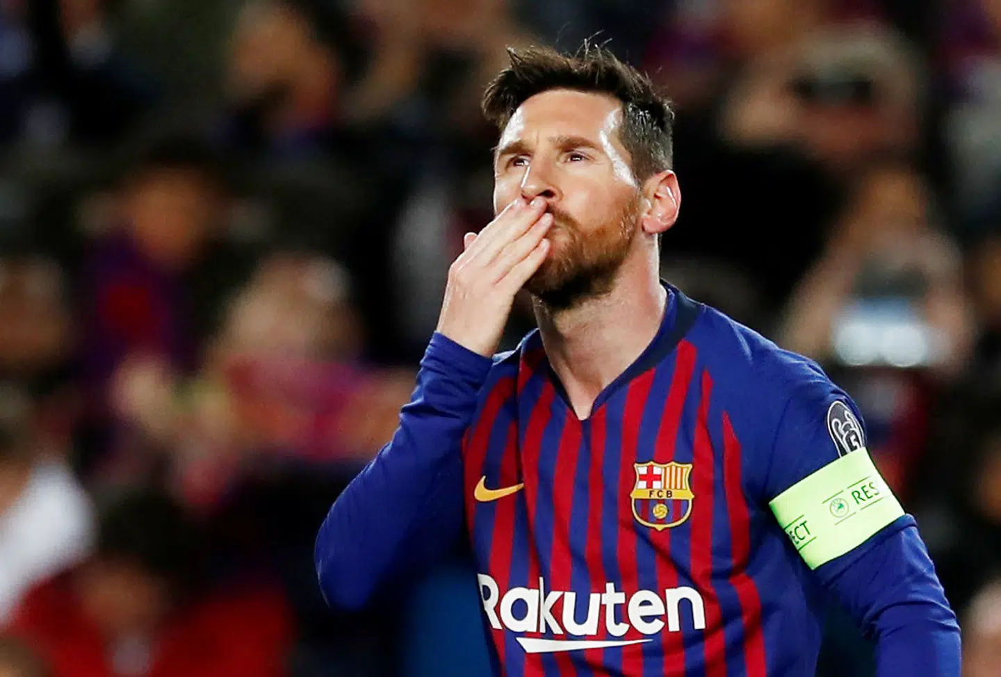 Soccer Football - Champions League - Round of 16 Second Leg - FC Barcelona v Olympique Lyonnais - Camp Nou, Barcelona, Spain - March 13, 2019 Barcelona's Lionel Messi celebrates scoring their first goal REUTERS/Susana Vera