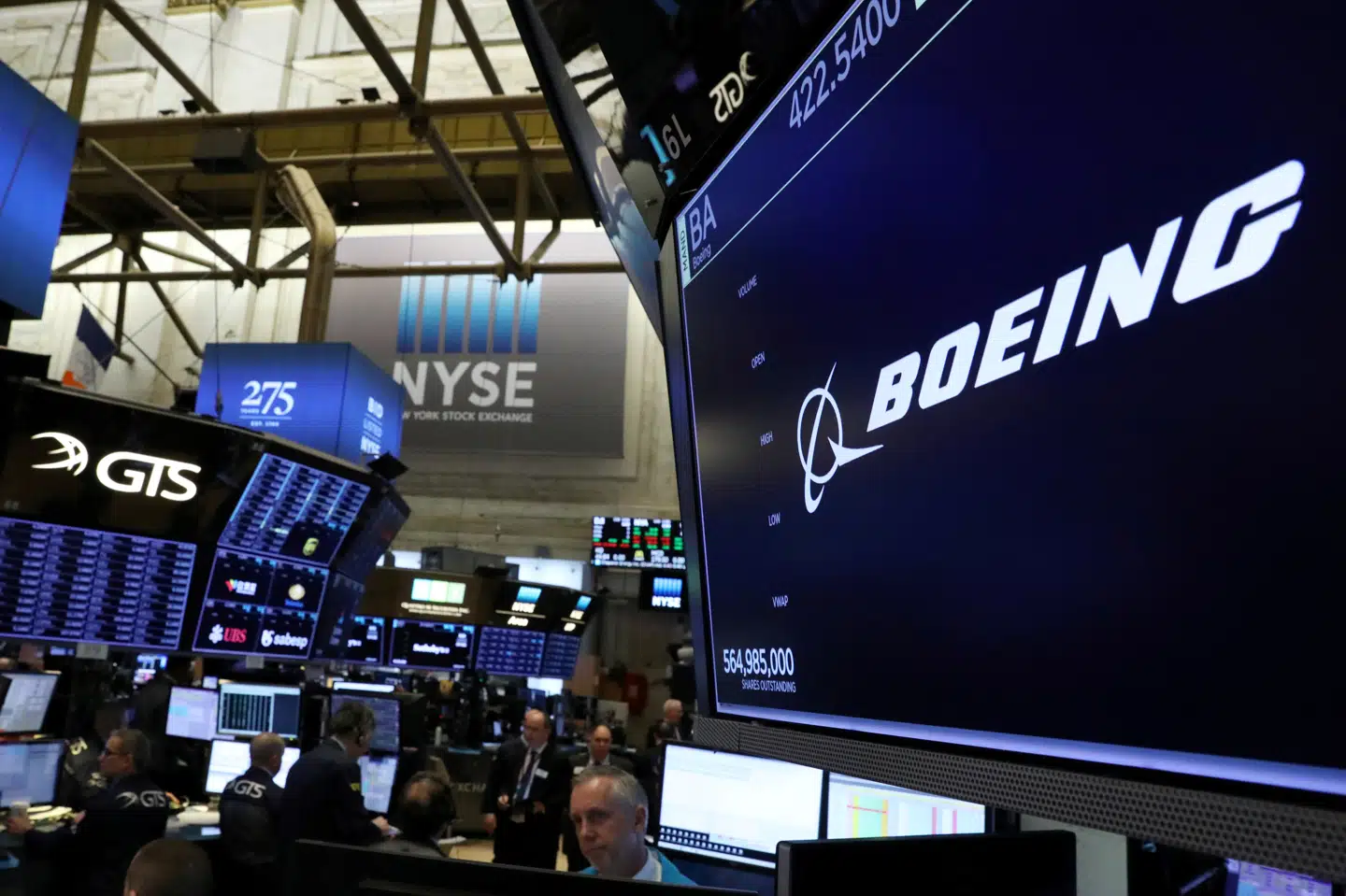 Boeings aktie faldt med knap 13 procent på det amerikanske aktiemarked fra åbningen mandag. Det er det største kursfald for Boeing siden september 2001. Ved lukketid mandag var kursen faldet med fem procent. Billedet her fra Børsen i New York mandag. Brendan McDermid/Reuters