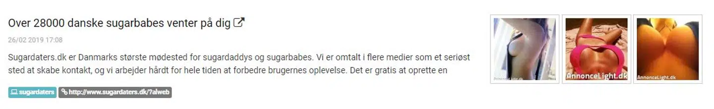 Her en reklame fra annoncelight.dk, hvor der linkes til sugardaters.dk.