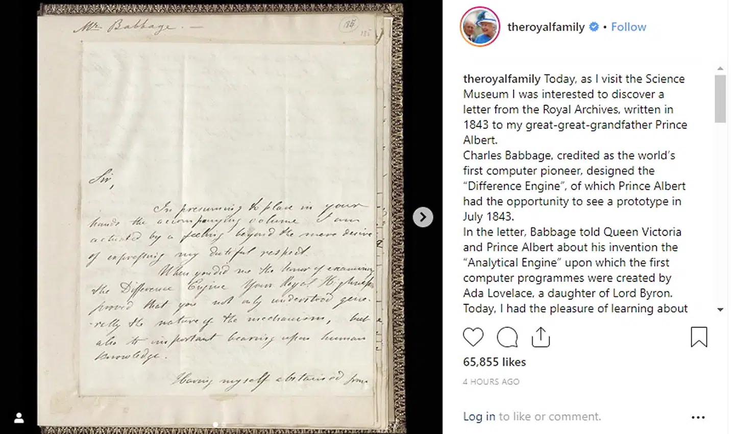Her ses brevet fra 1843 og dronning Elizabeths Instagram-opslag.