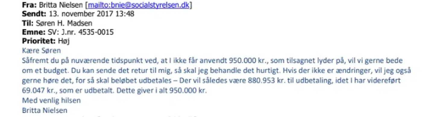 En e-mail fra Britta Nielsen til Søren H. Madsen fra Roskilde Kommune.
