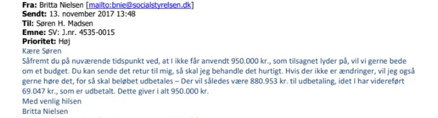 En e-mail fra Britta Nielsen til Søren H. Madsen fra Roskilde Kommune.