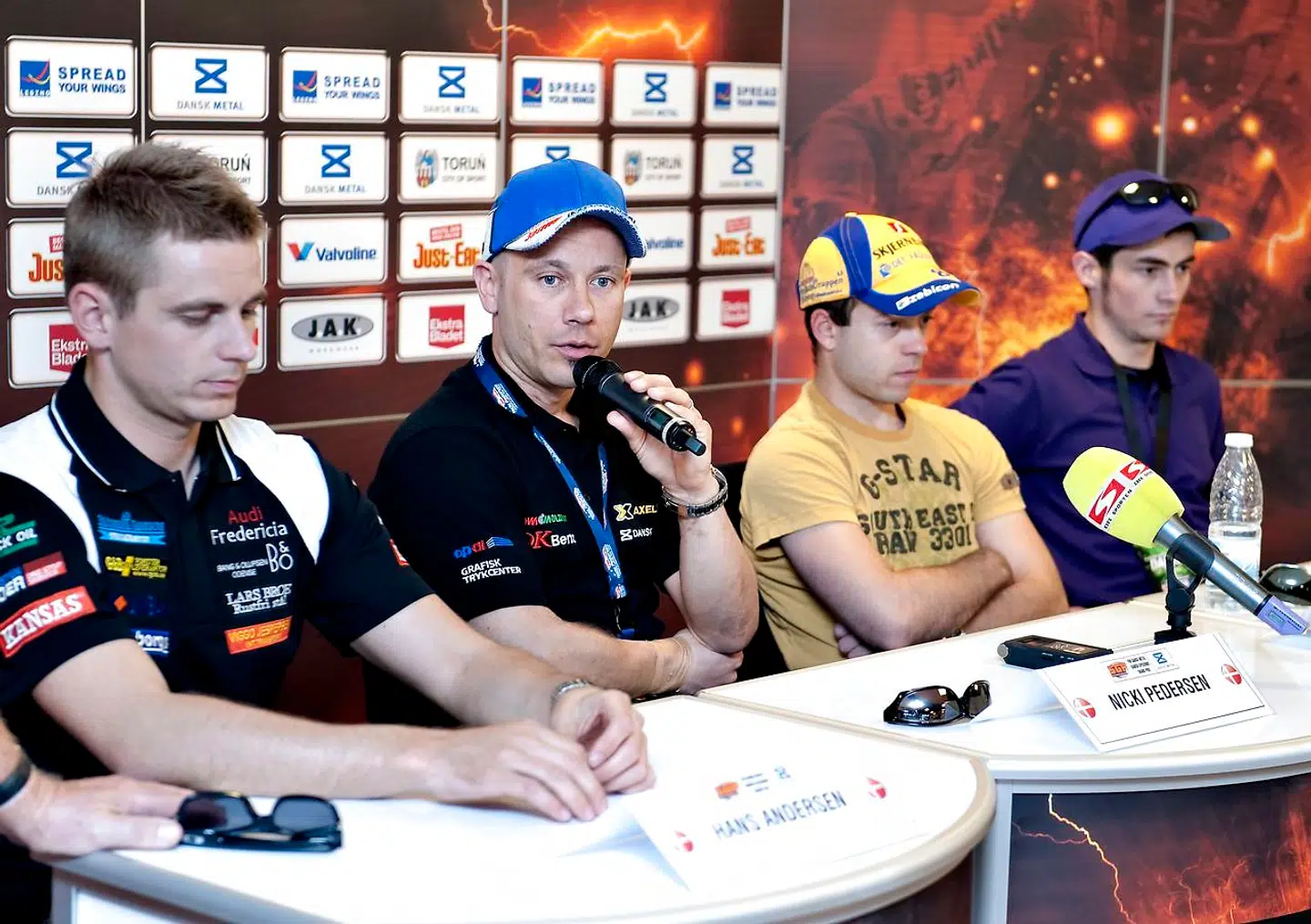 Speedwaykørerne Hans Andersen, Nicki Pedersen, Kenneth Bjerre og Leon Madsen (fra venstre til højre). Arkivfoto.