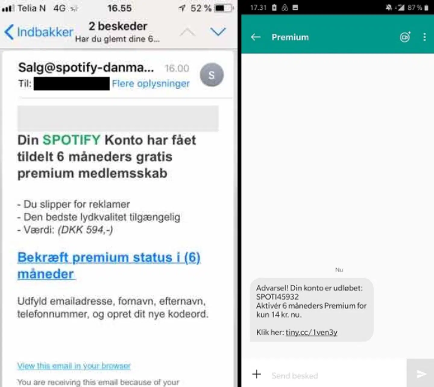 To eksempler på falske mails fra Spotify.