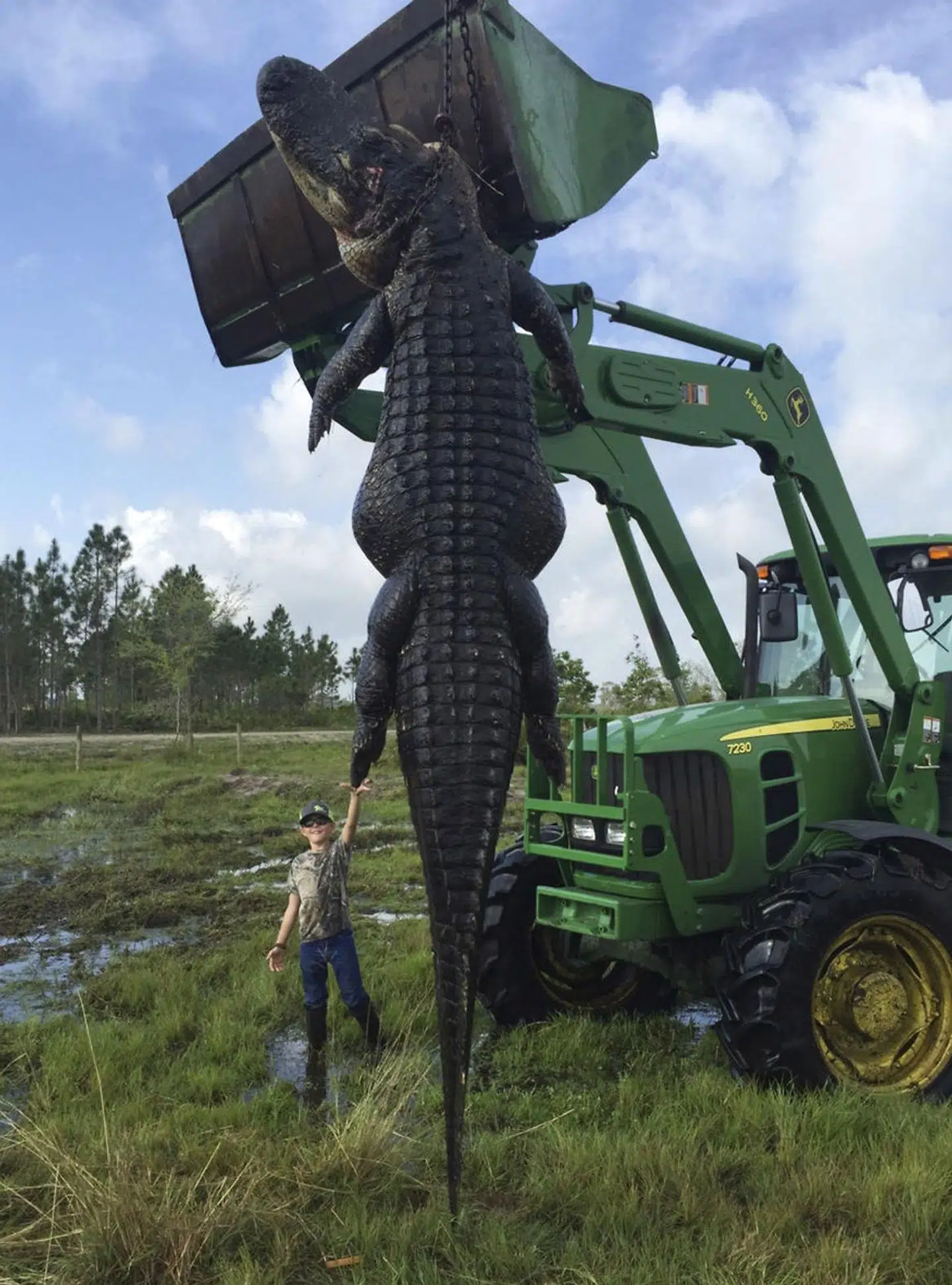 Også i staten Florida - lige syd for Georgia - fanges der af og til kæmpealligatorer. Her står ni-årige Mason Lightsey med et næsten fem meter langt eksemplar, som vejede cirka 360 kg.