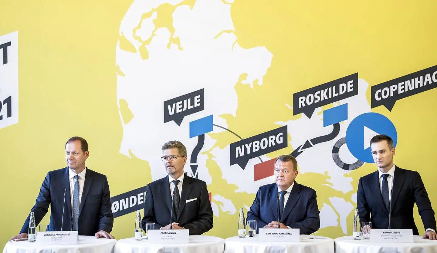 Præsentation af Tour-starten i Danmark. Tour de France-direktør Christian Prudhomme, overborgmester i København Frank Jensen, statsminister Lars Løkke Rasmussen og erhversminister Rasmus Jarlov.