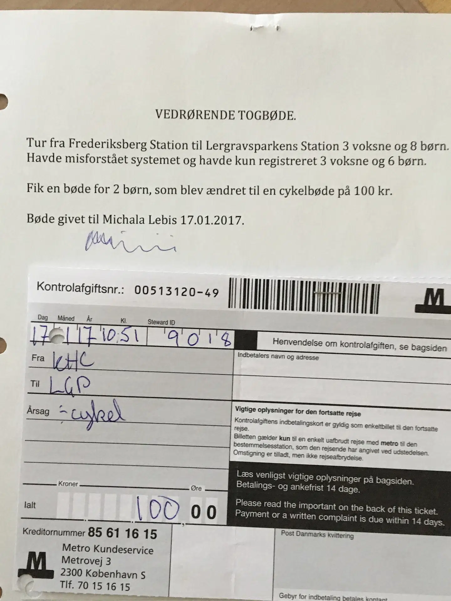 Afgiften, som institutionen Abildgården fik, da de kørte i metro.