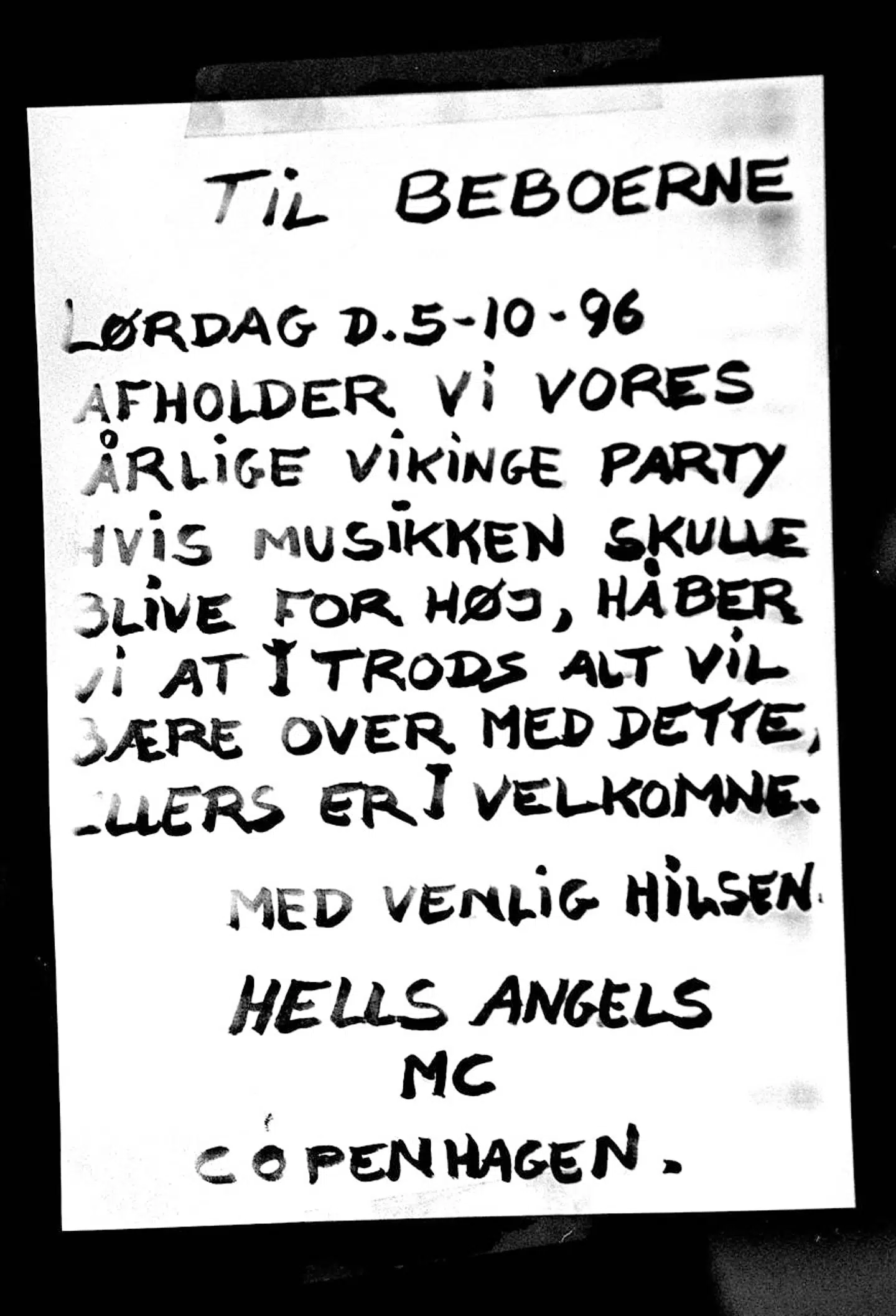 Hells Angels i Titangade informerede deres naboer om weekendens fest. NORDFOTO 1996