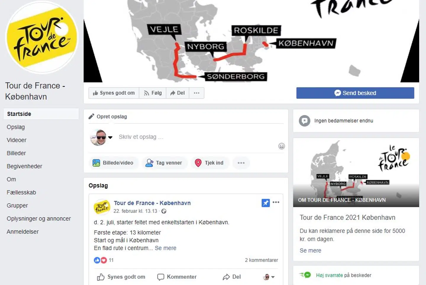 Screendump af den Facebook-side, der står bag begivenheden for 1. etape i Danmark. Her kan der købes reklameplads for 5.000 kroner.