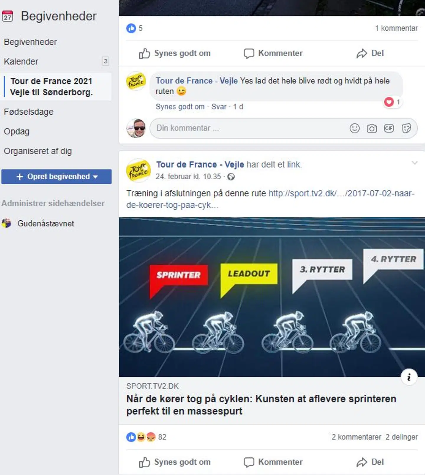 Opslagene på begivenhederne slåes op af modersiden, der har et officielt Tour de France-logo som profilbillede.