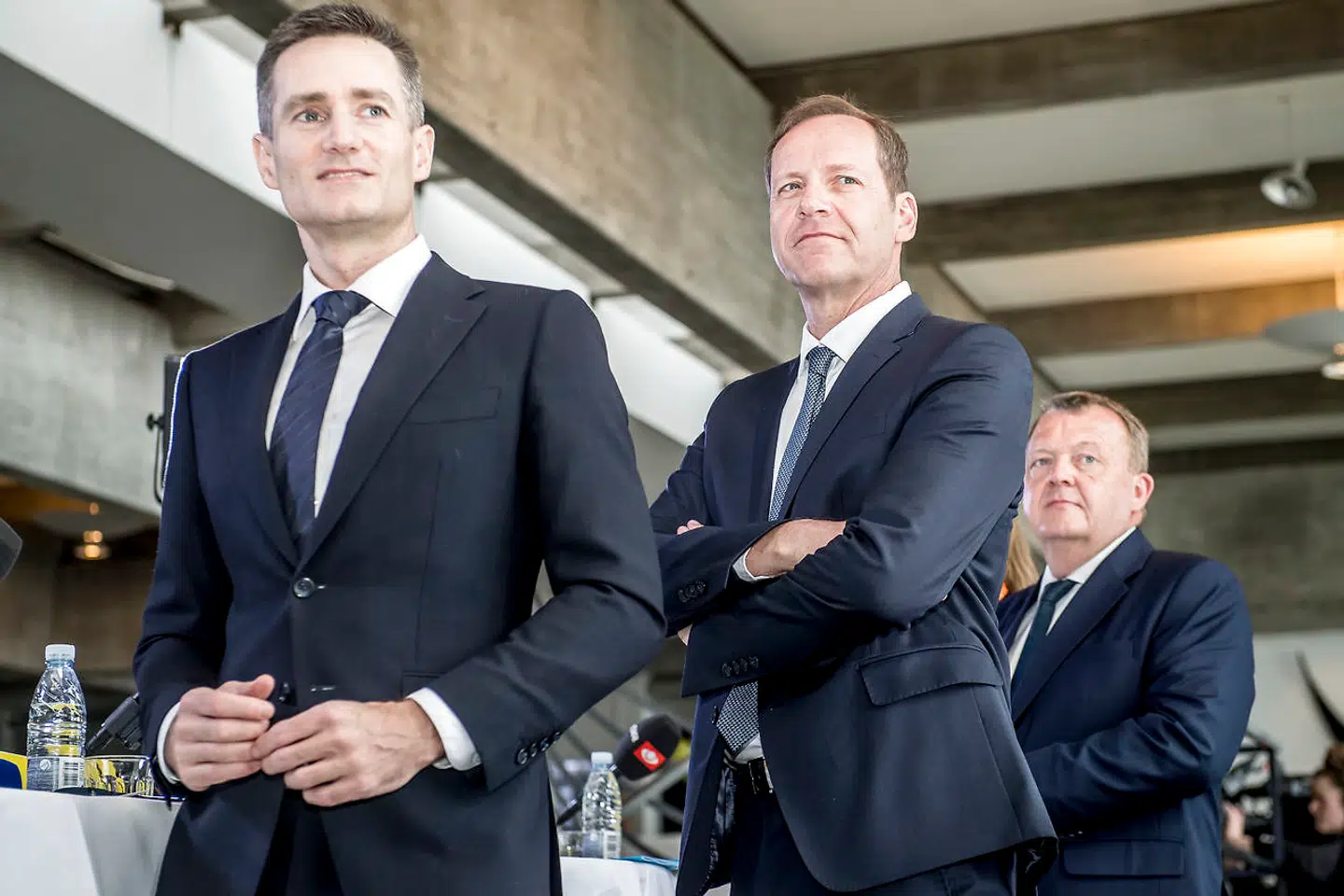 Erhvervsminister Rasmus Jarlov, Tour de France-direktør Christian Prudhomme og statsminister Lars Løkke Rasmussen ved præsentationen af den danske Tour-start 2021.