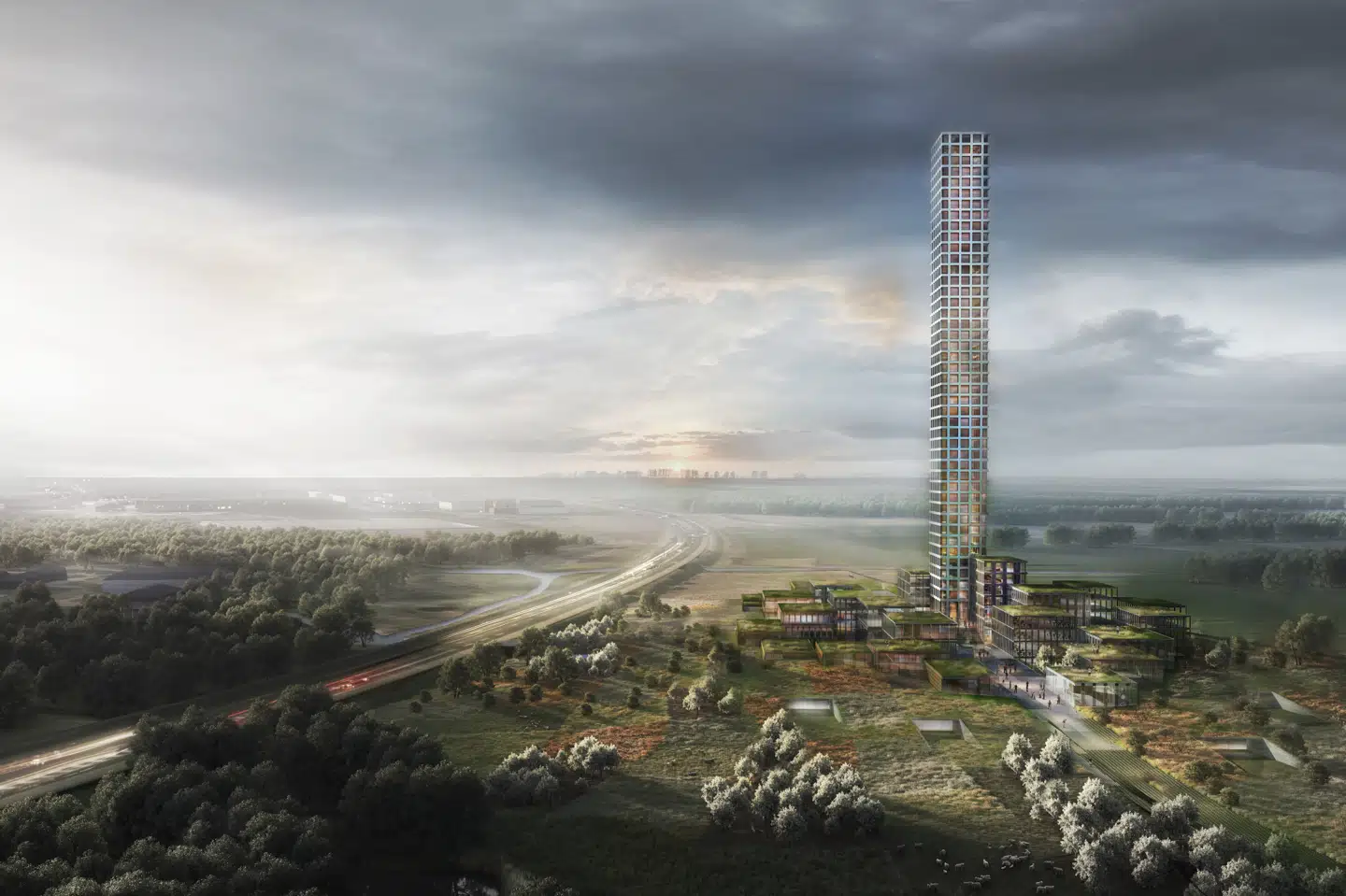 Sådan her er det visionen, at Bestseller Village & Tower vil tage sig ud på den midtjyske hede. (Arkivfoto) Bestseller/Handout/Ritzau Scanpix