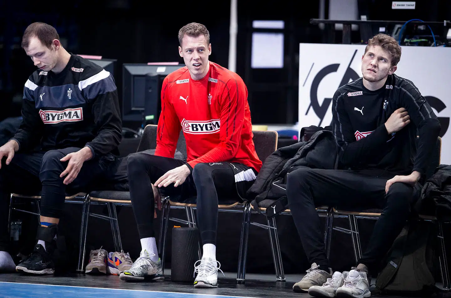 Simon Hald, Nikolaj Markussen og Magnus Landin under en VM-træning i Hamburg, torsdag den 23. januar 2019.. (Foto: Liselotte Sabroe/Ritzau Scanpix)