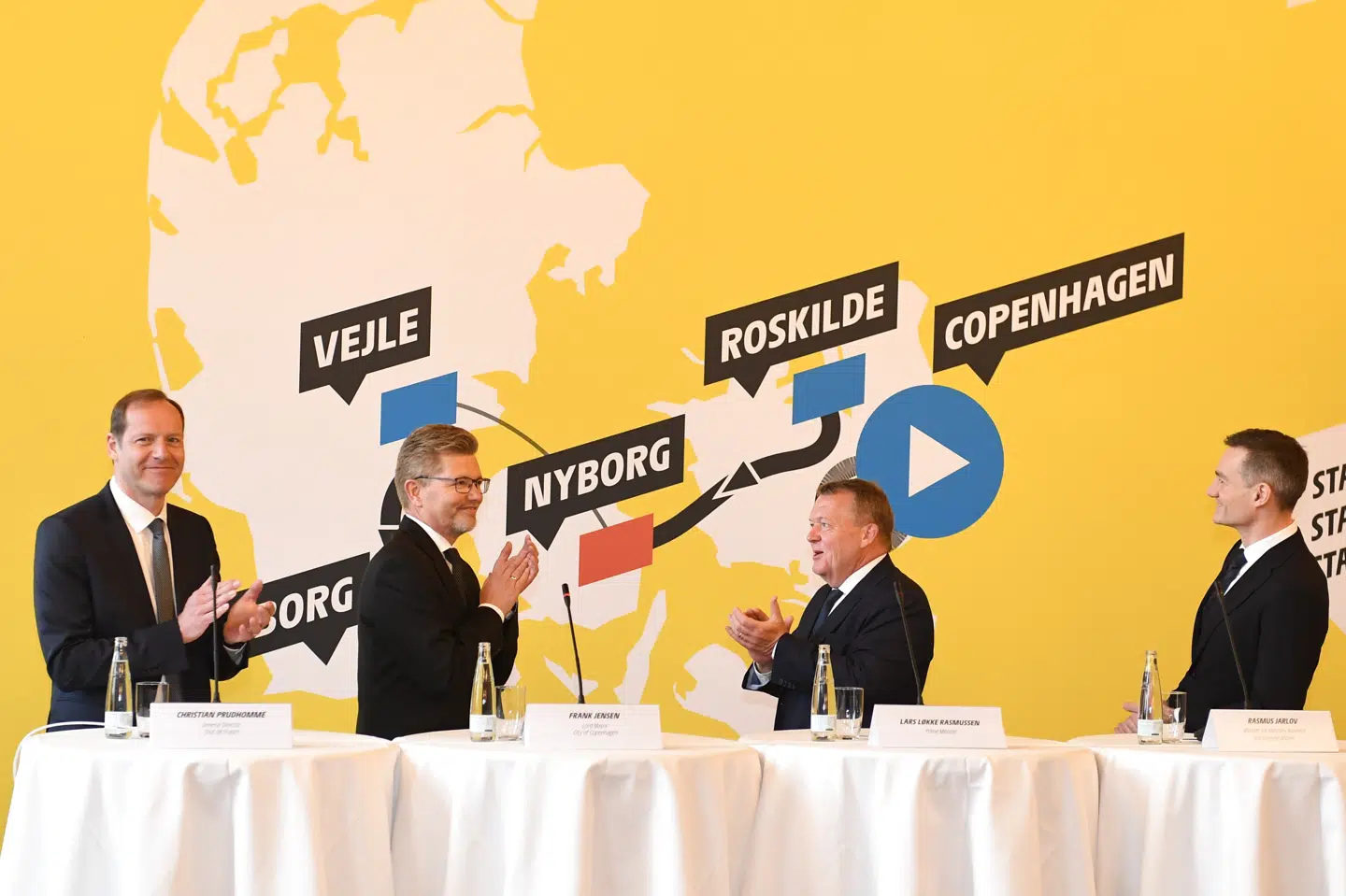 Tour-direktør Christian Prudhomme, Københavns overborgmester Frank Jensen (S), statsminister Lars Løkke Rasmussen (V) og erhvervsminister Rasmus Jarlov (K) kunne torsdag præsentere planerne for en dansk Tour-start i 2021. Også kronprins Frederik deltog. Mads Claus Rasmussen/Ritzau Scanpix
