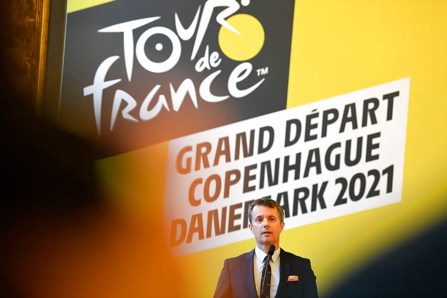 Kronprins Frederik taler på Københavns Rådhus i anledningen af pressemødet afholdt i forbindelse med den danske Tour de France-start i 2021.
