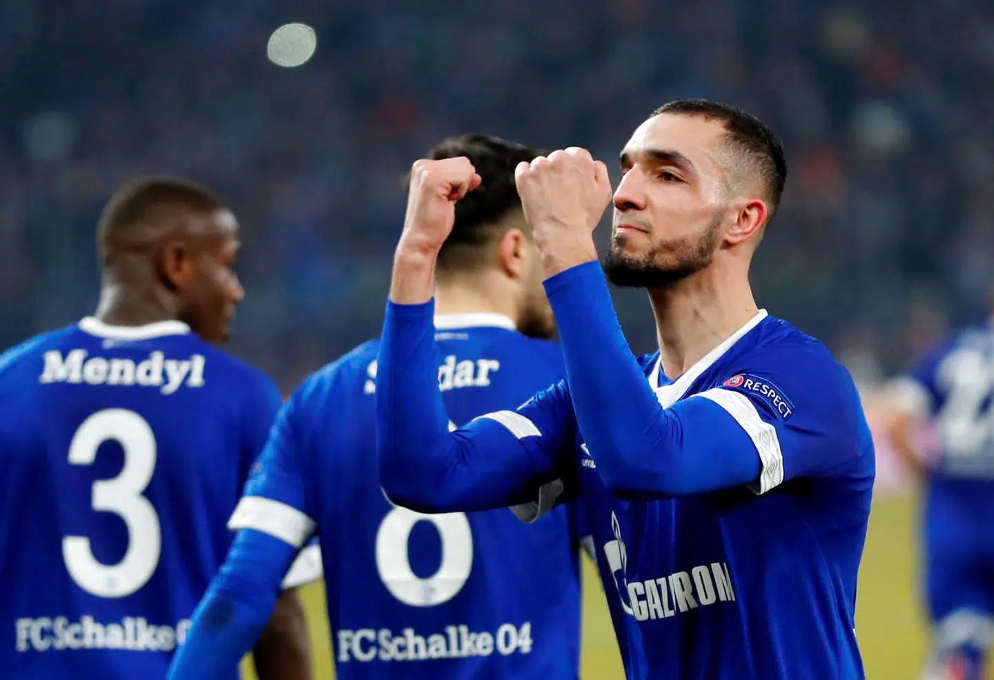 Soccer Football - Champions League - Round of 16 First Leg - Schalke 04 v Manchester City - Veltins-Arena, Gelsenkirchen, Germany - February 20, 2019 Schalke's Nabil Bentaleb celebrates scoring their second goal Action Images via Reuters/Matthew Childs