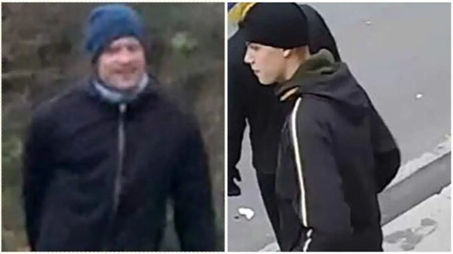 De to mænd på billedet er mistænkt for at at udøve vold mod politiet til en fodboldkamp på Brøndby Stadion i november.