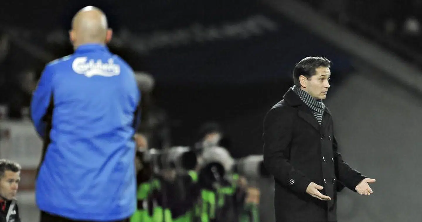 Ståle Solbakken, til venstre, betragter Thomas Thomasberg under en superligakamp mellem FC København og FC Midtjylland i 2016.