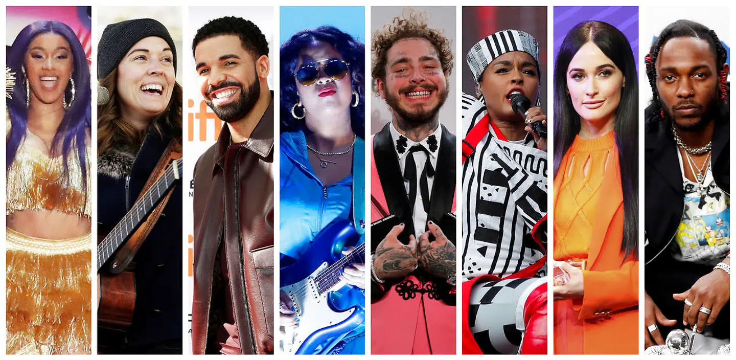 Grammy-favoritter fra venstre Cardi B, Brandi Carlile, Drake, H.E.R., Post Malone, Janelle Monae, Kacey Musgraves og Kendrick Lamar.