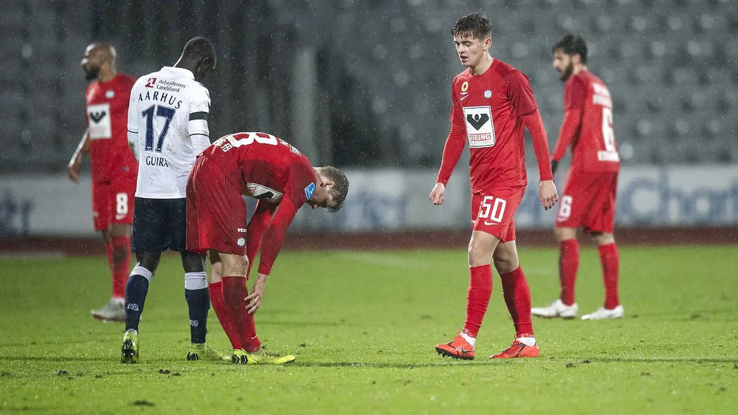 Skuffede Esbjerg spillere efter superligakampen mellem AGF og Esbjerg fB på Ceres Park Aarhus, fredag den 8. februar 2019.. (Foto: Bo Amstrup/Ritzau Scanpix)