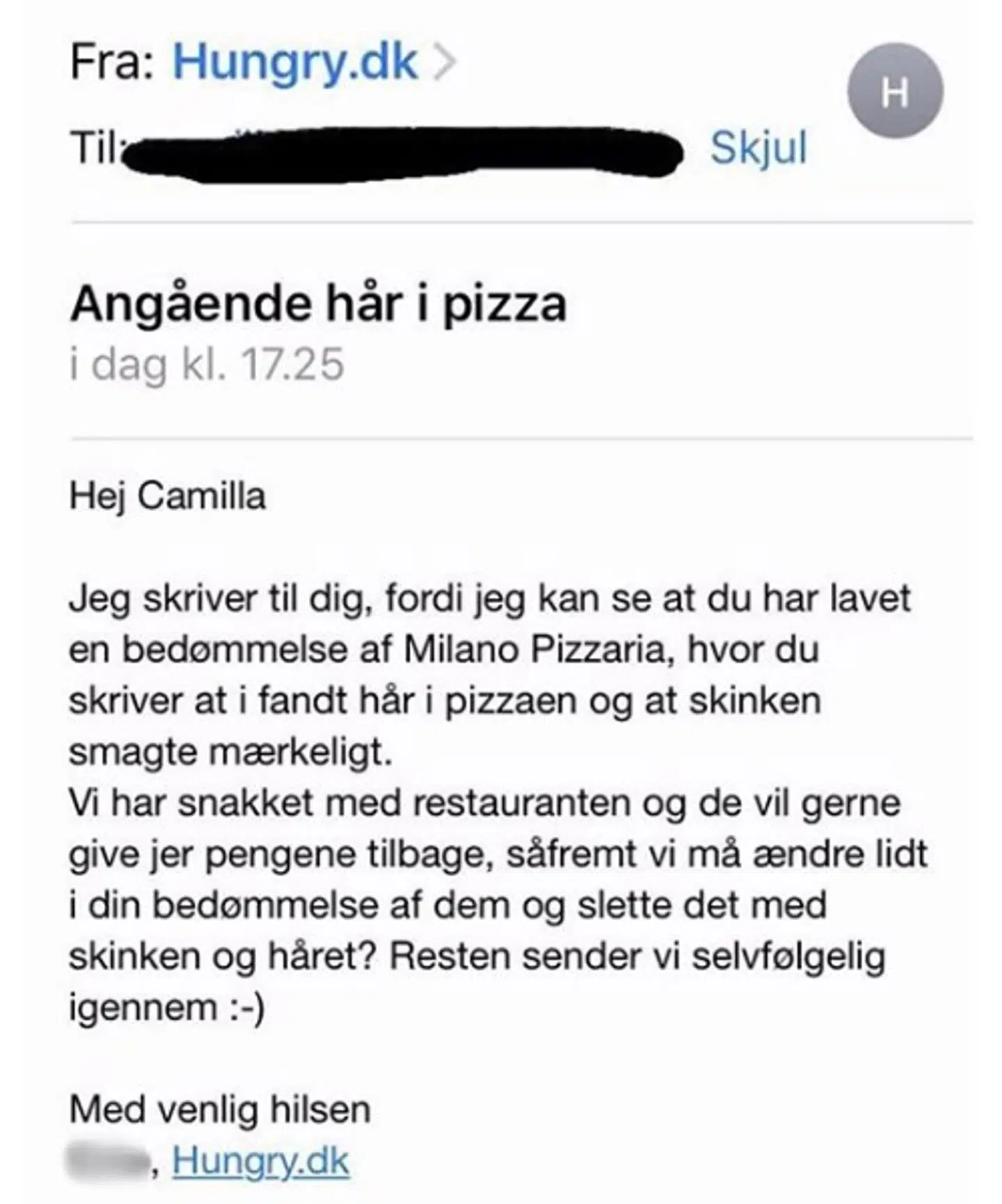 Hungry.dk's mail er gengivet på Anders Hemmingsens Instagram-profil.