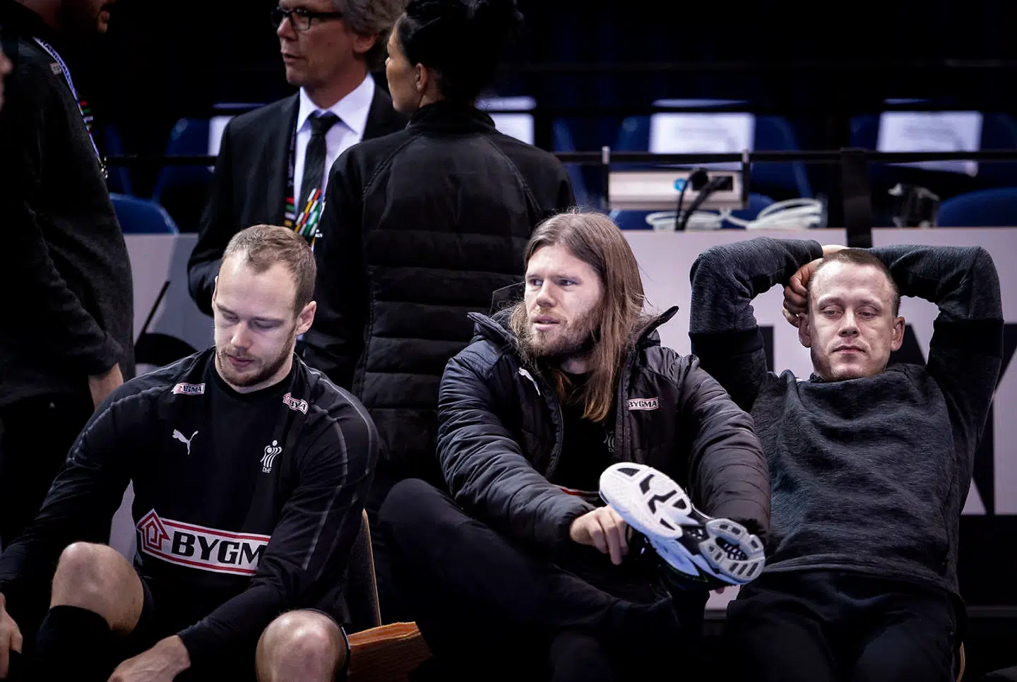 Henrik Toft Hansen, Mikkel Hansen og Morten Olsen under torsdagens træning.