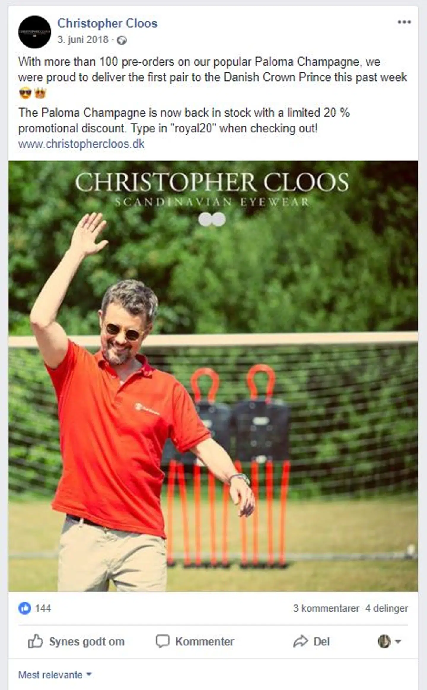 Solbrillefirmaet Christopher Cloos lagde 3. juni 2018 et bilelde af kronprinsen på deres facebook-side, uden samtykke fra kongehuset. Foto: Facebook