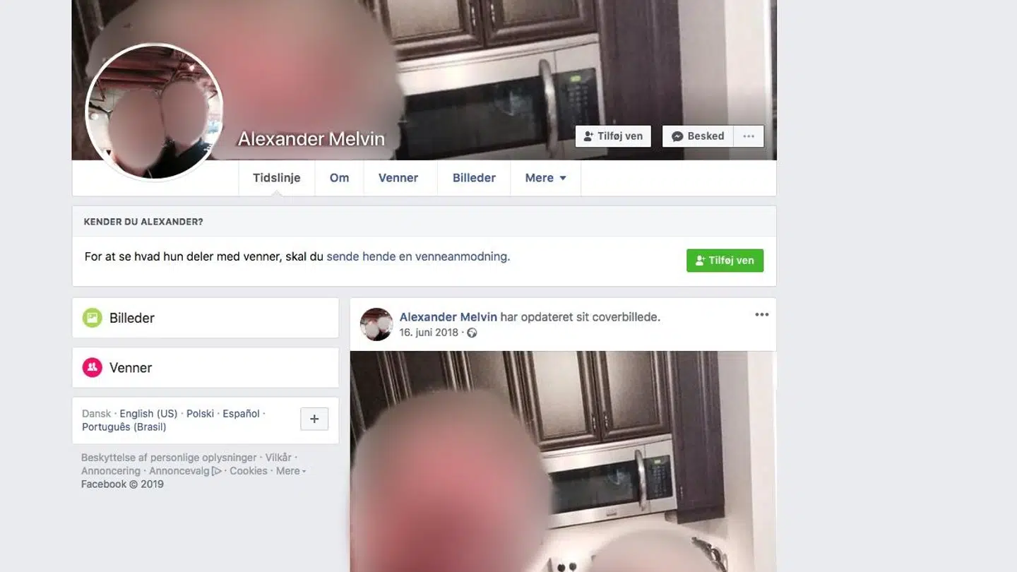 Alexander Melvins falske Facebook-profil.