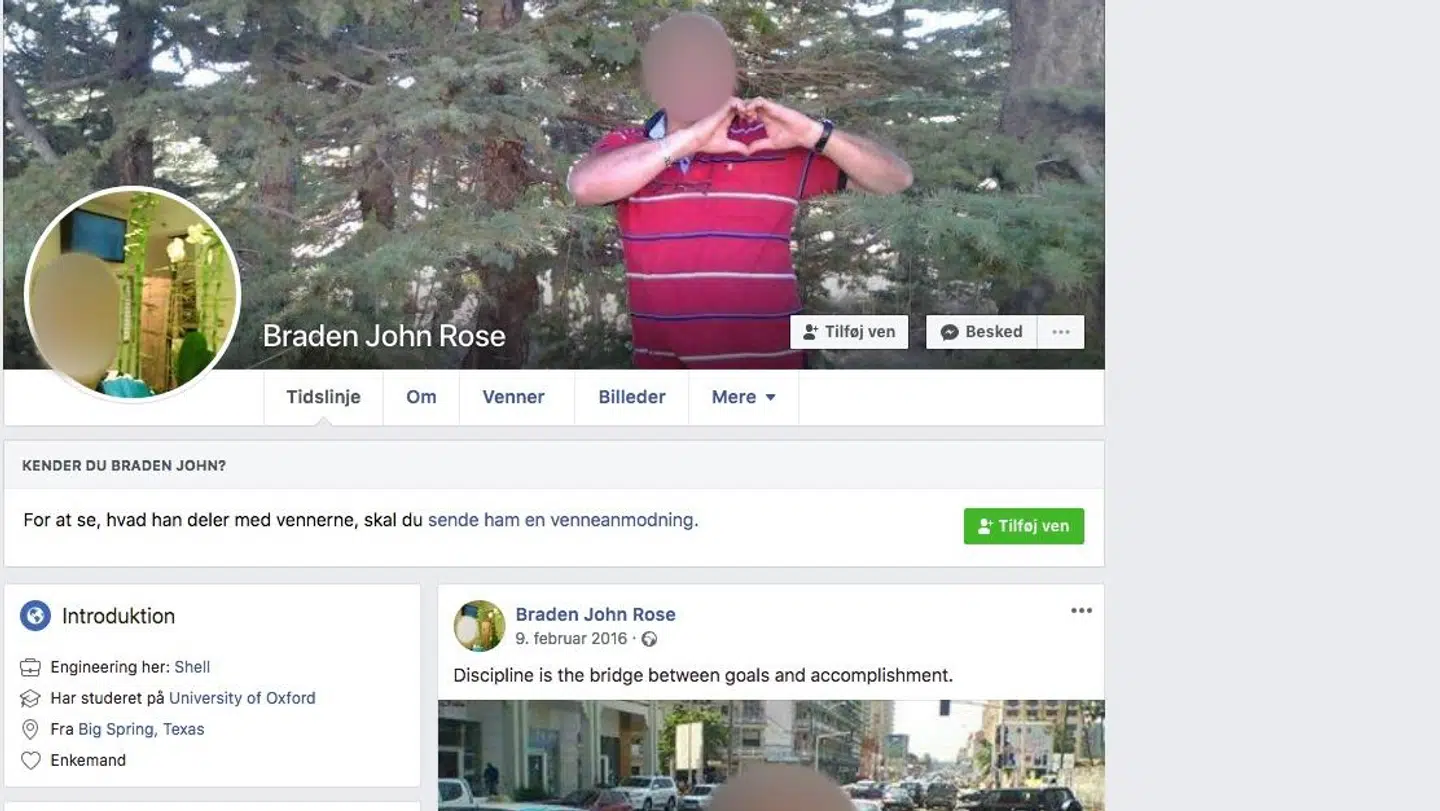 John Rose Bradens falske Facebook-profil.