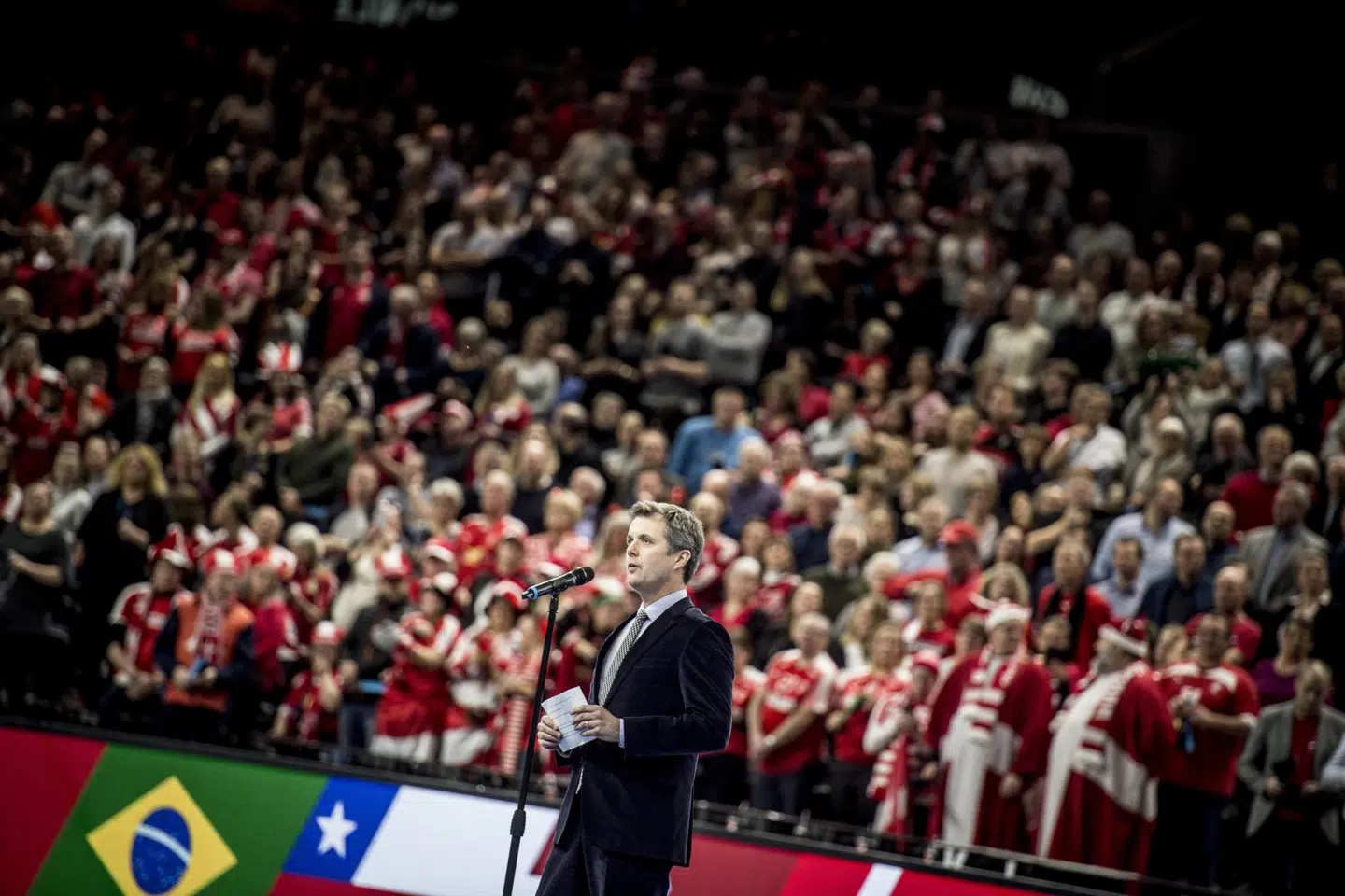 Kronprins Frederik åbnede den danske del af VM-turneringen med en kort tale på engelsk i Royal Arena. Mads Claus Rasmussen/Ritzau Scanpix